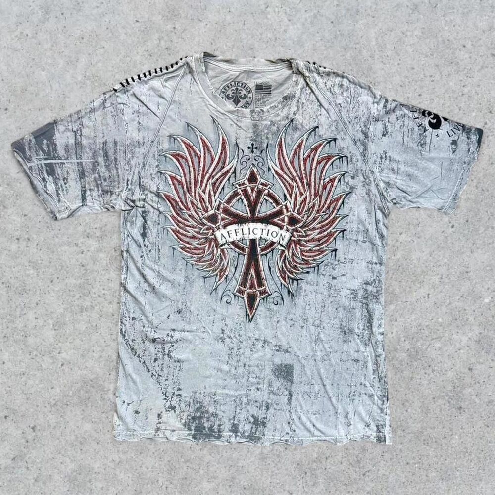 Y2K Affliction Grunge Cross and Angel Wings Short Sleeve T Shirt